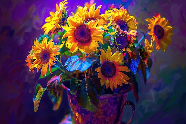 Vector sunflowers in a pot art prints in the style of illusionary paintings dark purple and light amber spr