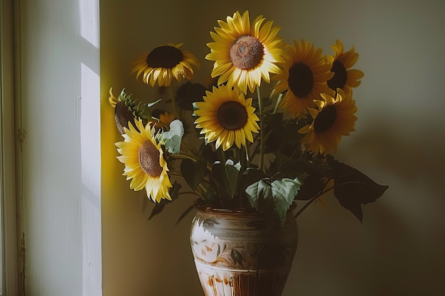 Vector sunflowers in a pot art prints in the style of illusionary paintings dark purple and light amber spr