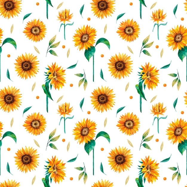 Sunflowers watercolor hand drawn seamless pattern