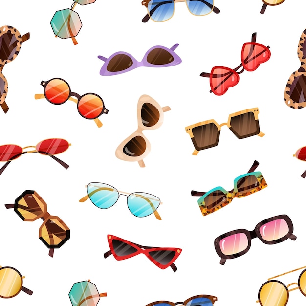 Sunglasses pattern. Seamless background with fashion sun glasses. Summer eyewear print. Repeating texture of modern and retro beach accessories. Colorful flat vector illustration for wrapping