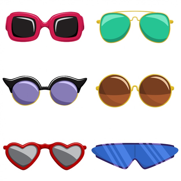 Sunglasses  set. Fashion and retro style glasses in plastic colorful frame of different shapes. Cartoon icons isolated on white background.