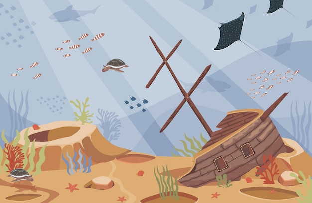 Sunken ship vector flat illustration broken boat underwater in a