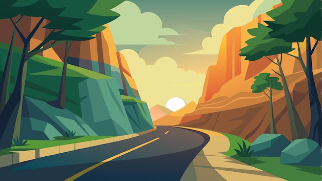 Sunlight filters through the lush trees lining the winding road casting a warm glow over the rocky cliffs and creating a serene and peaceful atmosphere