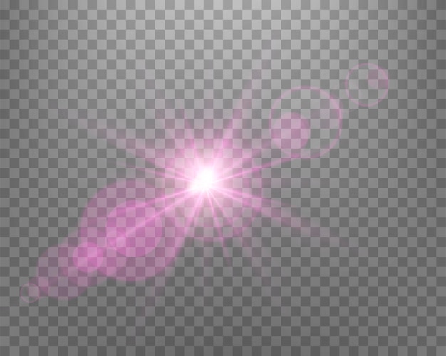 Sunlight lens flare, sun flash with rays and spotlight. Pink glowing burst explosion on a transparent background.  
Vector illustration.