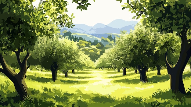 Vector sunlit olive orchard with lush greenery surroundings