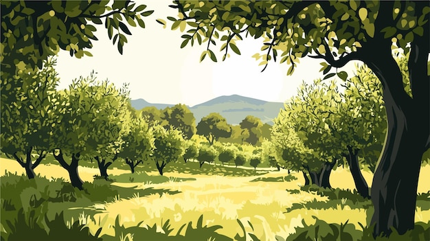 Vector sunlit olive orchard with lush greenery surroundings