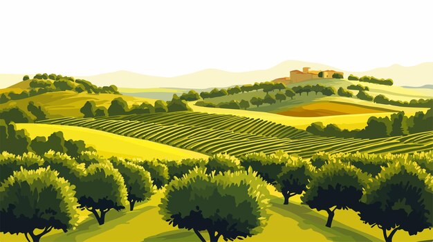 Vector sunlit vineyards and olive groves in fields