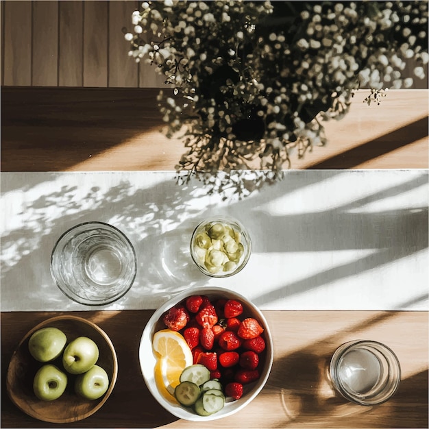 Vector sunlit wooden table with bowls of green apples strawberries citrus slices pistachios empty glass