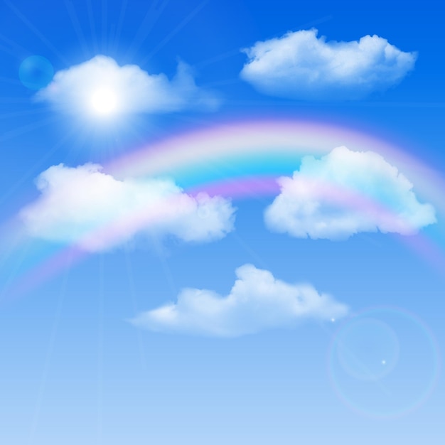 Sunny background, blue sky with white clouds and rainbow