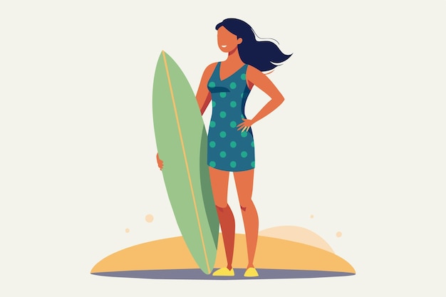 Vector on a sunny beach a woman with dark hair showcases her surfboard while wearing a playful polka dot dress embodying the spirit of summer joy and adventure