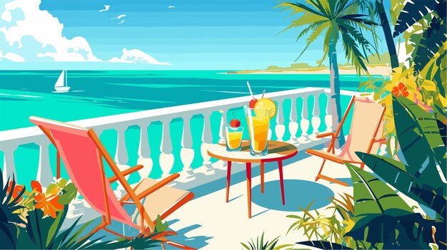 Vector sunny coastal view with refreshing drinks on a beachfront table