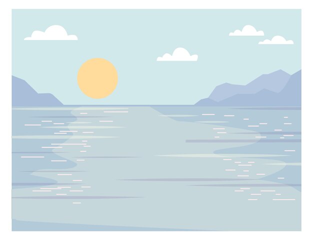 Vector sunny day on sea coast lake scene background