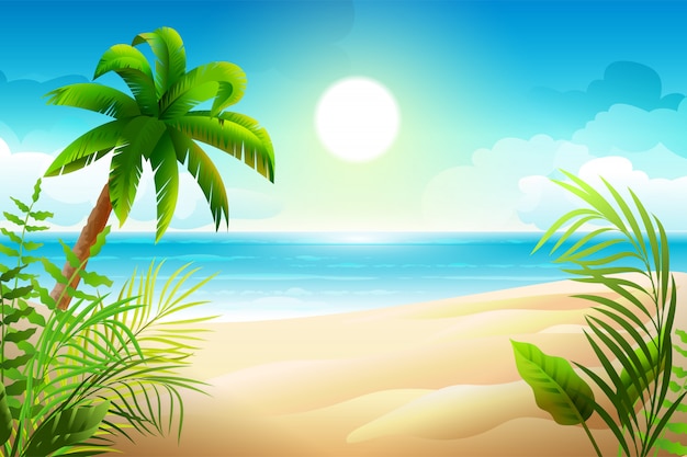 Vector sunny day on tropical sandy beach. palm trees and sea paradise holidays