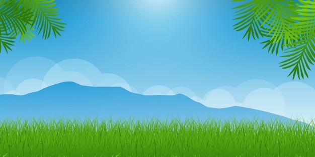 Sunny day with mountain and grass field illustration