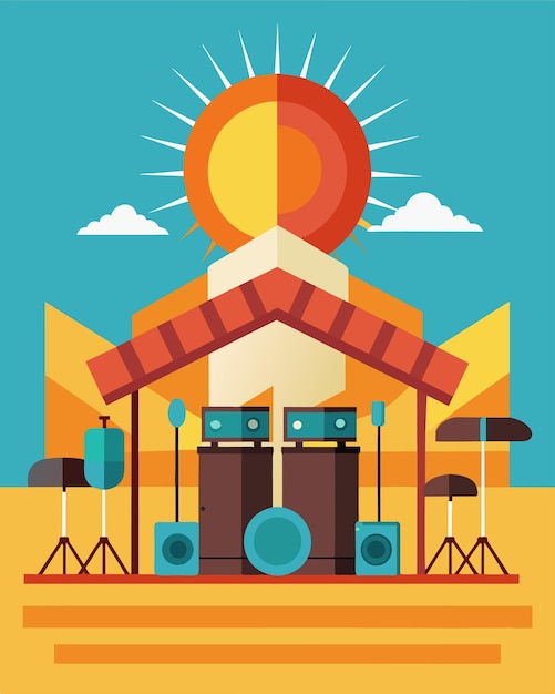 A sunny music stage with the backdrop of multiple solar panels powering not only the performers