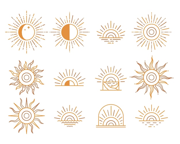 Vector sunny set golden rays geometric linear design sun symbols for decorations logos