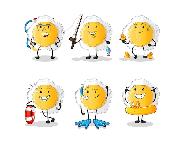 sunny side up water activity group. cartoon mascot vector