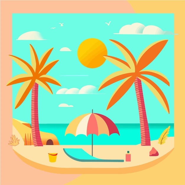 Sunny summer beach illustration with palms