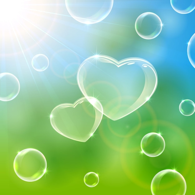 Sunny Valentines background with soap bubbles in the form of Hearts illustration