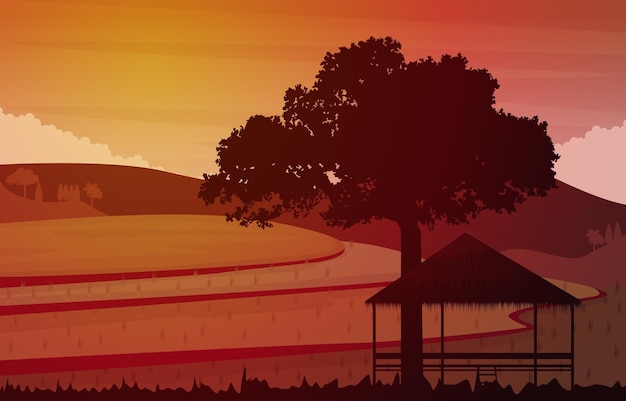 Sunrise Asian Paddy Rice Field Agriculture Nature View IllustrationSunrise Asian Paddy Rice Field Agriculture Nature View Illustration