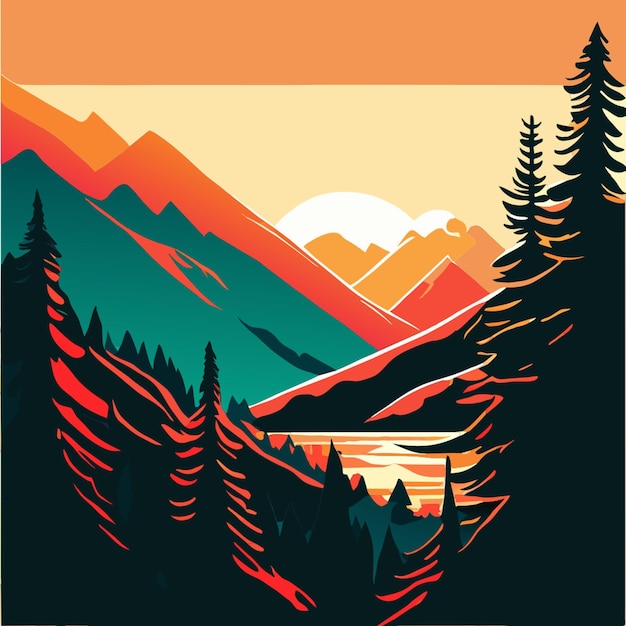 sunrise in beautiful mountain forest vector nature landscape vector illustration doodle vector