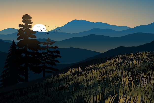 Sunrise in beautiful mountain forest Vector nature landscape