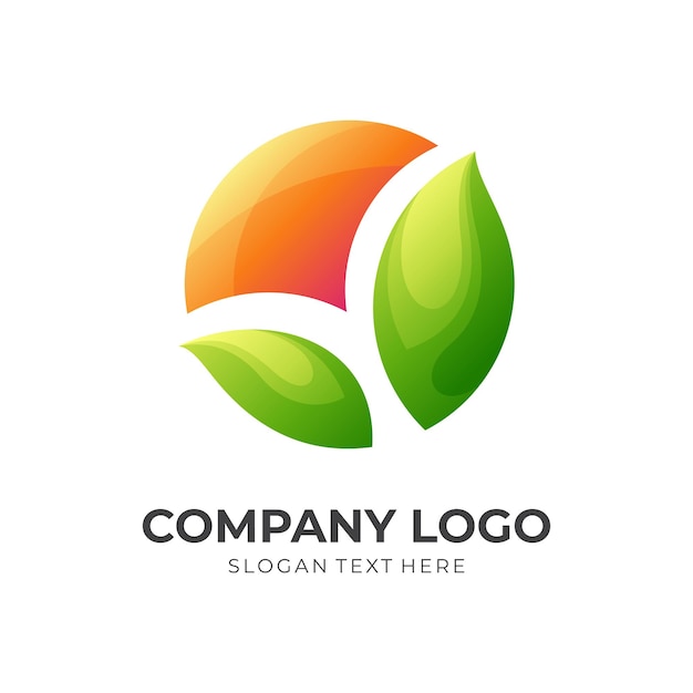 Sunrise farm logo template sun and leaf combination logo with 3d orange and green color style