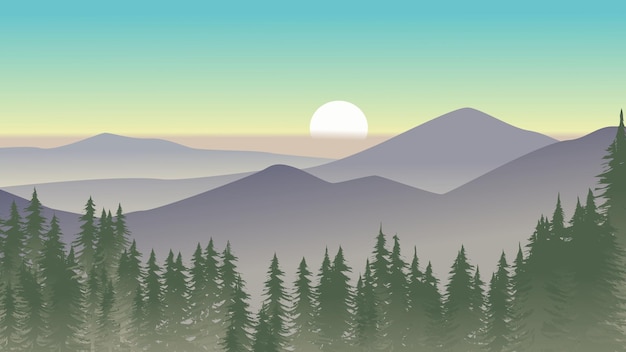 Sunrise in foggy mountains. Vector nature landscape