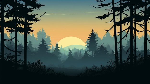 a sunrise over a forest with a full moon in the background