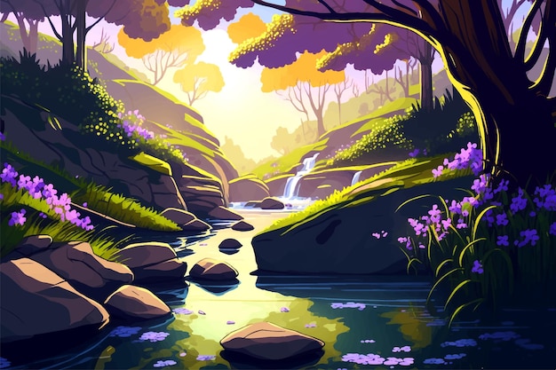 Sunrise on a forest with river flow cartoon vector landscape illustration.