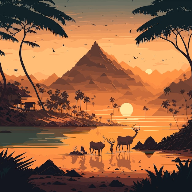 A sunrise landscape illustration Nature Mountain displays radiant colors at sunset