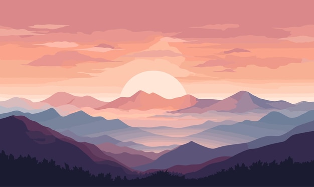 Sunrise over the mountains vector flat isolated vector style illustration