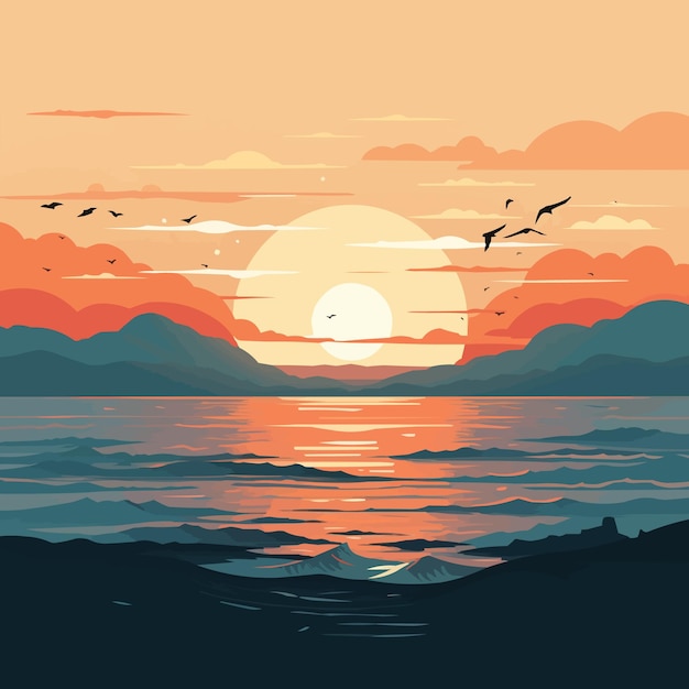 Vector sunrise ocean vector flat minimalistic isolated illustration