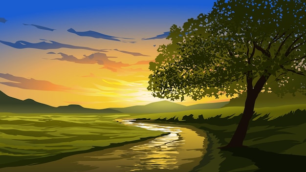 Sunrise in rural countryside with tree and river. Vector landscape background