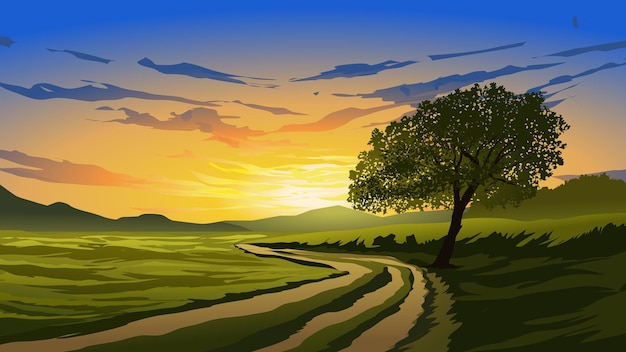 Sunrise in rural countryside with tree and road. Vector landscape background