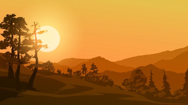 Vector sunrise or sunset mountain forest landscape