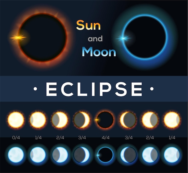 Vector suns and moons eclipse different phases of solar and lunar eclipse realistic style