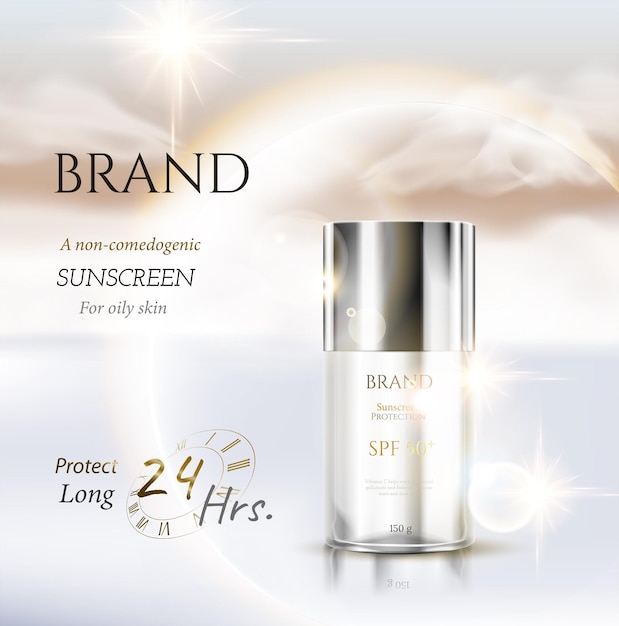 Sunscreen ads skin care and cosmetic on white cloud theme beautiful gold white sun light decorations in 3d illustration