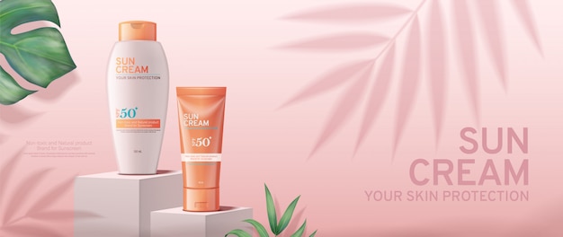 Sunscreen cream banner ads on square stage with tropical leaves