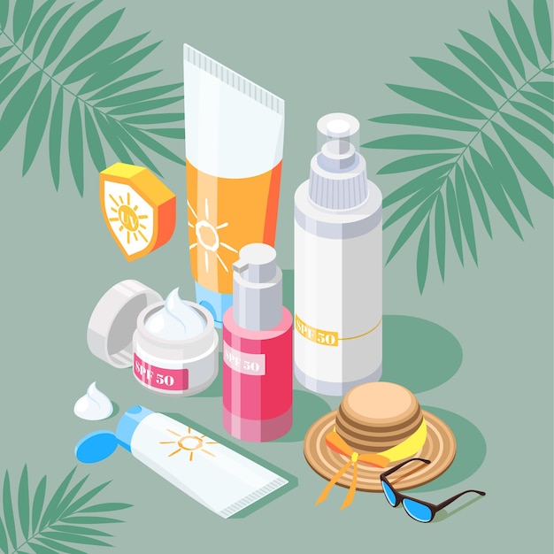 Sunscreen isometric composition with set of sun protection products creams and spray with hat and sunglasses