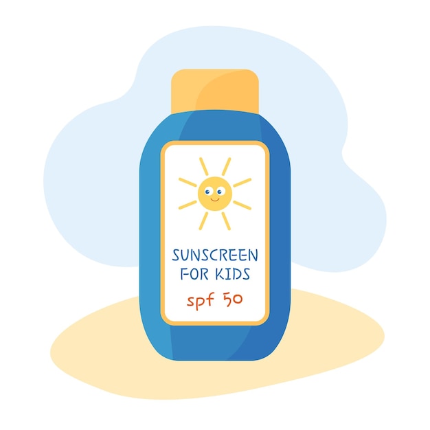 Sunscreen for kids Summer skin care product for children Kids UV protection cream in bottle isolated Safe tanning of child Flat vector illustration