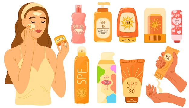 Sunscreen products set isolated Woman applying sunscreen product SPF protection and sun safety