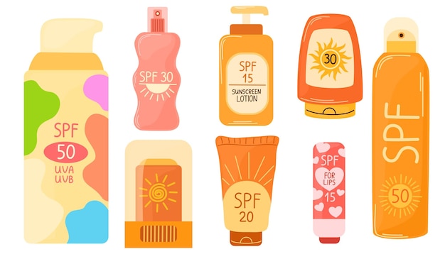 Sunscreen products set isolated Woman applying sunscreen product SPF protection and sun safety