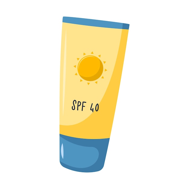 Sunscreen suntan lotion Summer protective cosmetic in a tube with a lid and an image of the sun Vector illustration in a flat cartoon style isolated on a white background