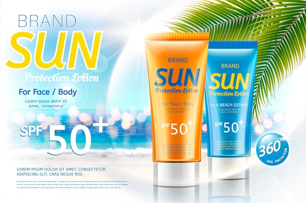 Sunscreen tube product on bokeh summer resort background 