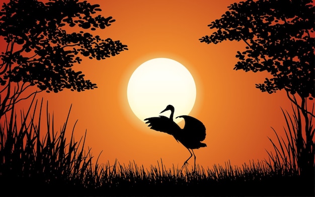 Sunset background with a bird in woodland