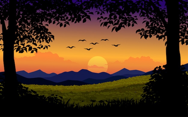 Sunset background with trees and birds