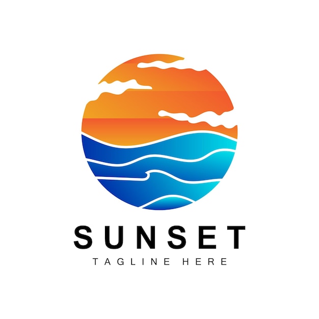 Sunset Beach Logo Design Seascape Illustration Red Day Vacation Spot Vector