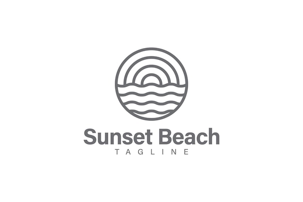 Sunset beach logo design vector monoline or line art style