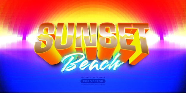 Sunset beach retro editable text effect style with vibrant theme realistic neon light concept for trendy flyer poster and banner template promotion